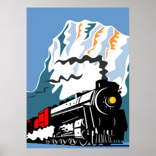 steam train locomotive traveling mountains scene poster