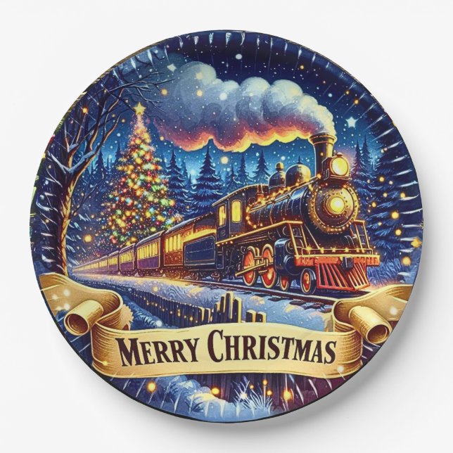 Steam Train Man's Christmas Party Paper Plate (Front)