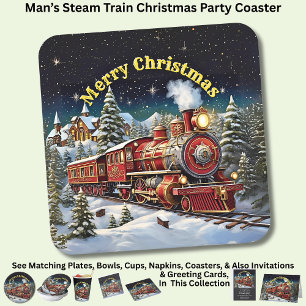 Steam Train Man's Christmas Party Square Paper Coaster
