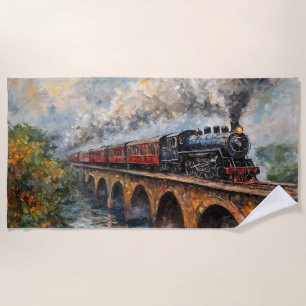 Steam Train on a Bridge - Oil Painting Beach Towel