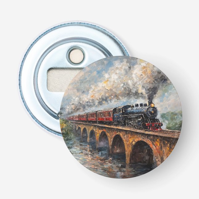 Steam Train on a Bridge - Oil Painting Bottle Opener (Front)