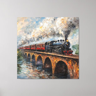 Steam Train on a Bridge - Oil Painting Canvas Print
