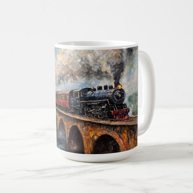 Steam Train on a Bridge - Oil Painting Coffee Mug (Front Right)