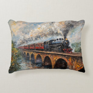 Steam Train on a Bridge - Oil Painting Decorative Cushion