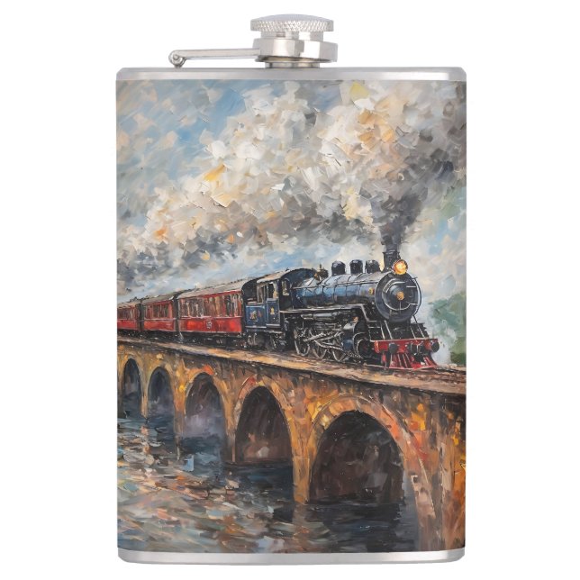 Steam Train on a Bridge - Oil Painting Hip Flask (Front)