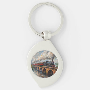Steam Train on a Bridge - Oil Painting Key Ring