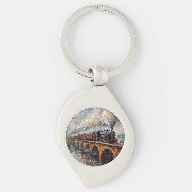 Steam Train on a Bridge - Oil Painting Key Ring (Front)