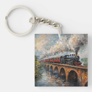 Steam Train on a Bridge - Oil Painting Key Ring