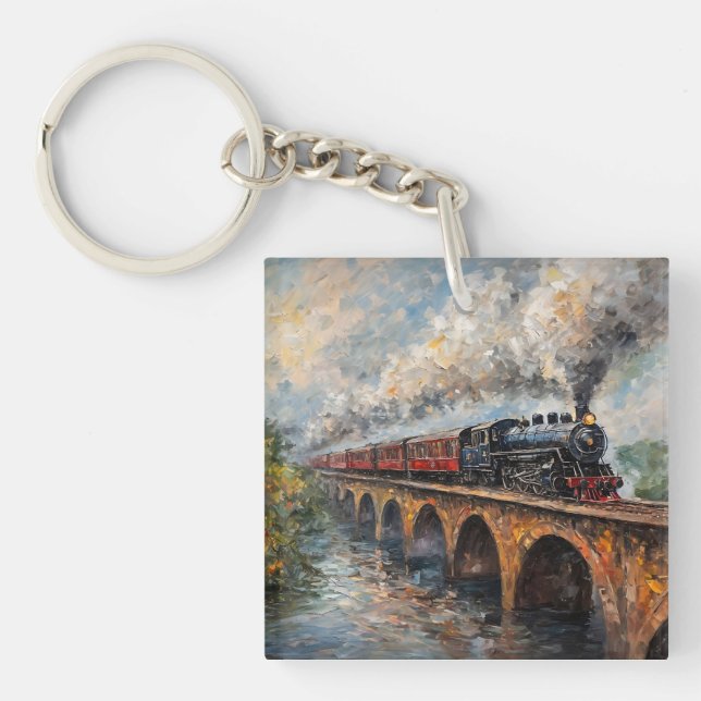 Steam Train on a Bridge - Oil Painting Key Ring (Front)