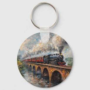 Steam Train on a Bridge - Oil Painting Key Ring