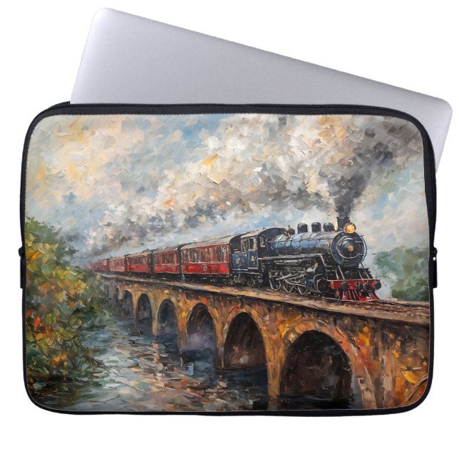 Steam Train on a Bridge - Oil Painting Laptop Sleeve (Front)