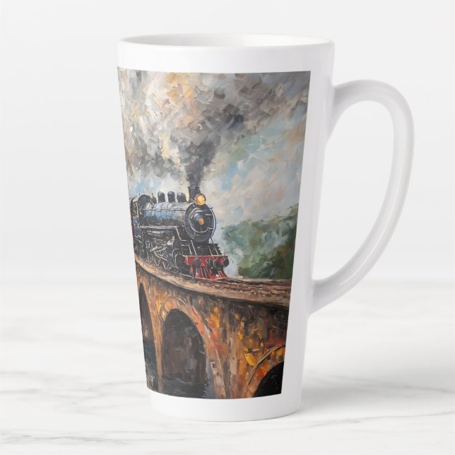 Steam Train on a Bridge - Oil Painting Latte Mug (Right)