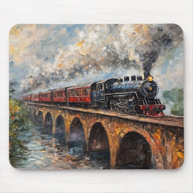 Steam Train on a Bridge - Oil Painting Mouse Mat (Front)