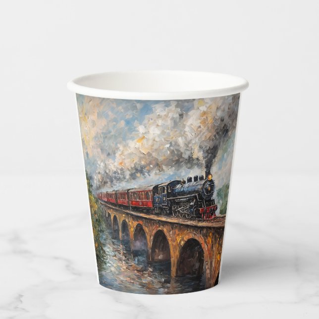 Steam Train on a Bridge - Oil Painting Paper Cups (Front)