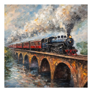 Steam Train on a Bridge - Oil Painting Photo Print