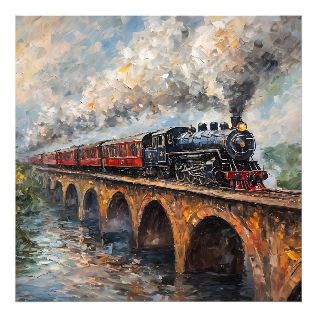 Steam Train on a Bridge - Oil Painting Photo Print (Front)