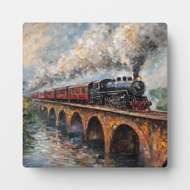 Steam Train on a Bridge - Oil Painting Plaque (Front)