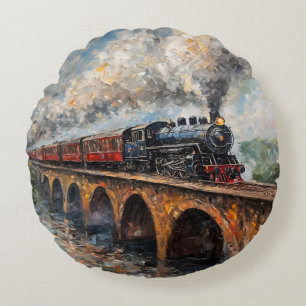 Steam Train on a Bridge - Oil Painting Round Cushion