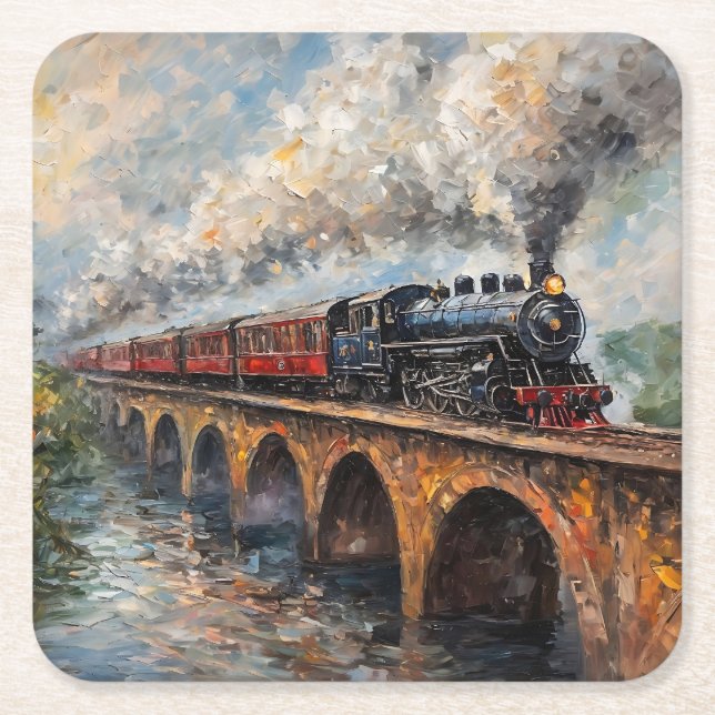 Steam Train on a Bridge - Oil Painting Square Paper Coaster (Front)