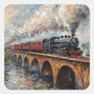 Steam Train on a Bridge - Oil Painting Square Sticker