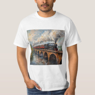Steam Train on a Bridge - Oil Painting T-Shirt