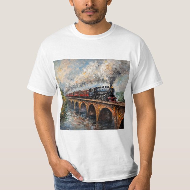 Steam Train on a Bridge - Oil Painting T-Shirt (Front)