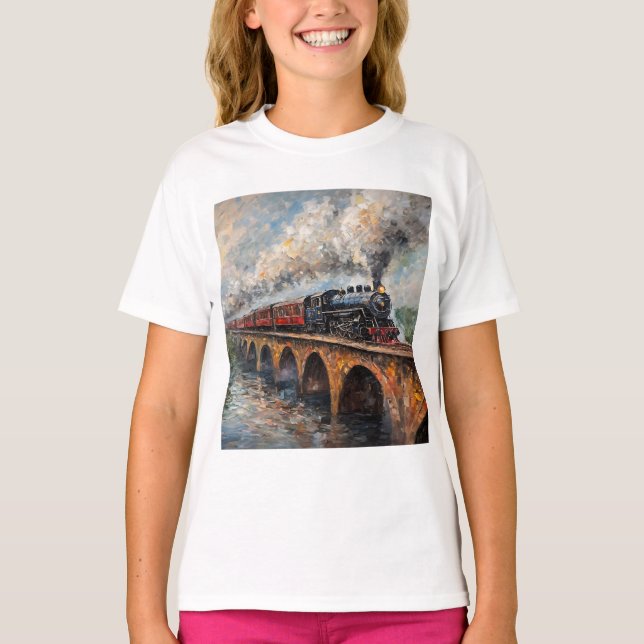 Steam Train on a Bridge - Oil Painting T-Shirt (Front)