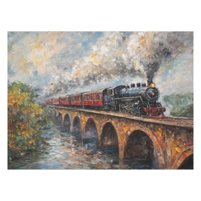 Steam Train on a Bridge - Oil Painting Tablecloth (Front (Horizontal))