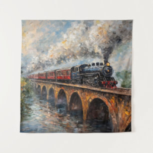 Steam Train on a Bridge - Oil Painting Tapestry