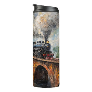 Steam Train on a Bridge - Oil Painting Thermal Tumbler