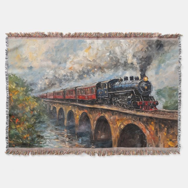 Steam Train on a Bridge - Oil Painting Throw Blanket (Front)