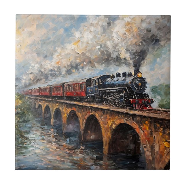 Steam Train on a Bridge - Oil Painting Tile (Front)