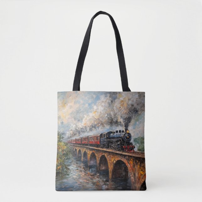 Steam Train on a Bridge - Oil Painting Tote Bag (Front)