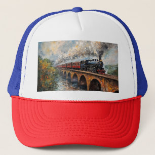 Steam Train on a Bridge - Oil Painting Trucker Hat