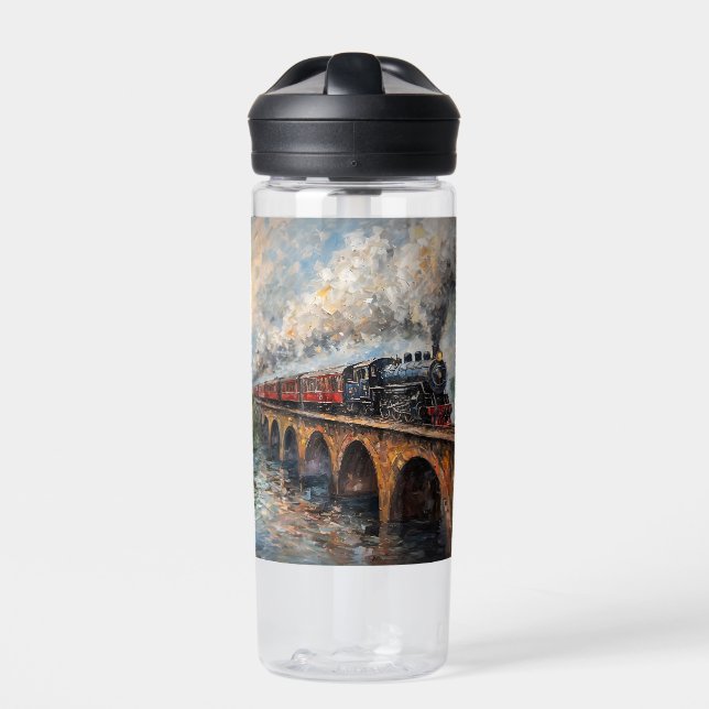 Steam Train on a Bridge - Oil Painting Water Bottle (Front)