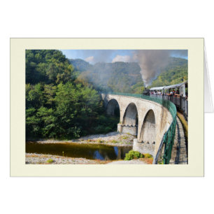 Steam train on bridge in France card
