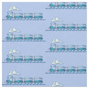 Steam Train on Light Blue Fabric