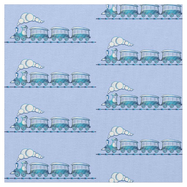 Steam Train on Light Blue  Fabric (Close Up)