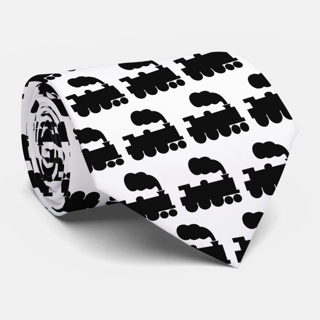 Steam Train Pattern - Black on White Tie (Rolled)