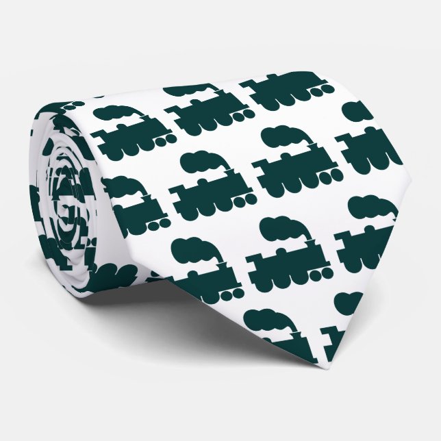 Steam Train Pattern - Dark Moss Green on White Tie (Rolled)