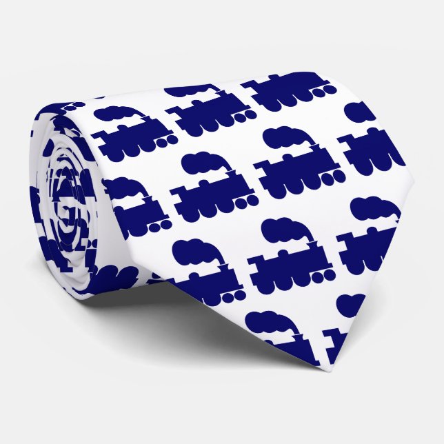 Steam Train Pattern - Deep Navy Blue on White Tie (Rolled)