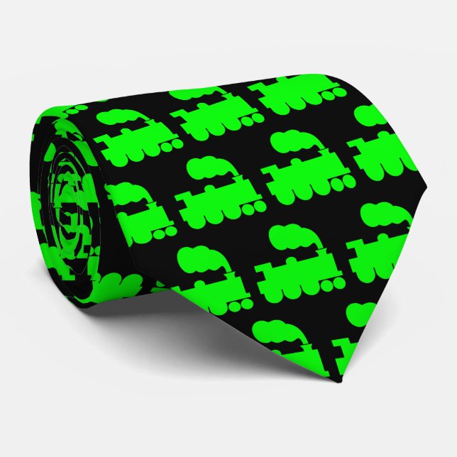 Steam Train Pattern - Green on Black Tie (Rolled)