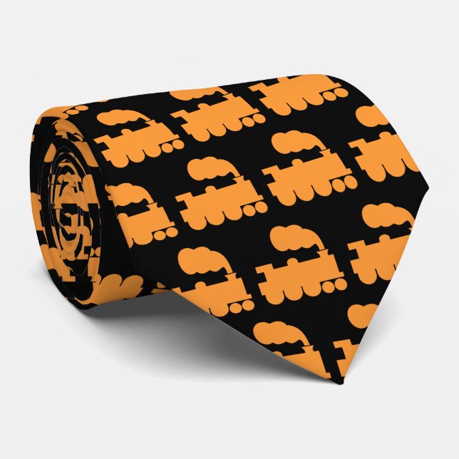 Steam Train Pattern - Light Orange on Black Tie (Rolled)