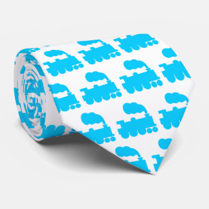 Steam Train Pattern - Sky Blue on White Tie