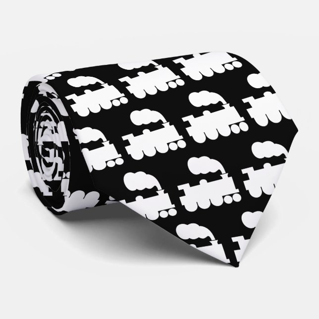 Steam Train Pattern - White on Black Tie (Rolled)