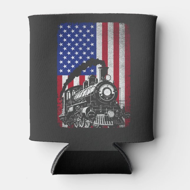 Steam Train Railroad Usa American Flag Locomotive  Can Cooler (Front)