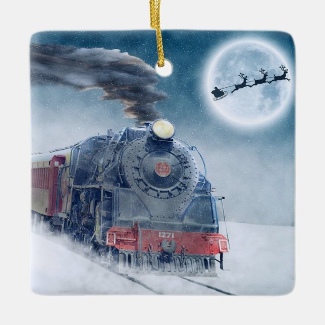 Steam Train & Reindeer Ceramic Ornament (Front)