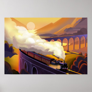 Steam train travelling over bridge in Scotland. Poster
