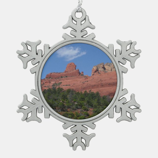 Steamboat Rock in Sedona Arizona Photography Snowflake Pewter Christmas Ornament (Front)