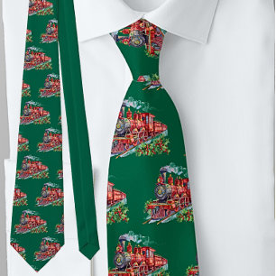 Steamer Train Red on Green Festive Tie